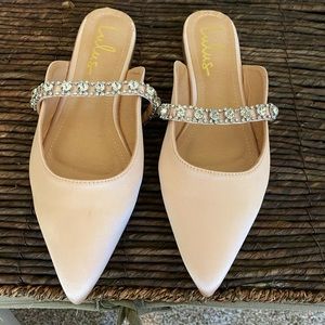 Lulu’s Satin Rhinestone Pointed-Toe Mule Slides